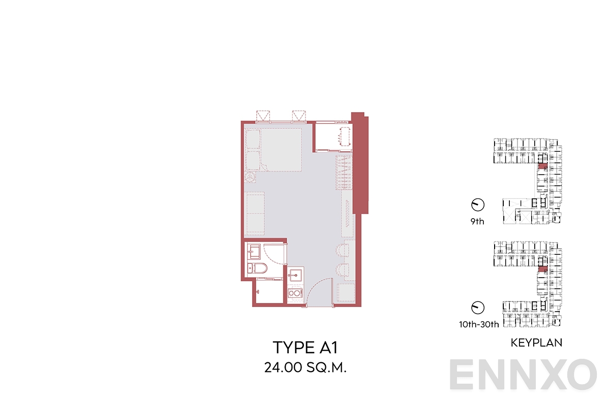 รูปแปลนห้อง A1 24.00 SQ.M.  ของโครงการ Aspire Sukhumvit - Rama 4