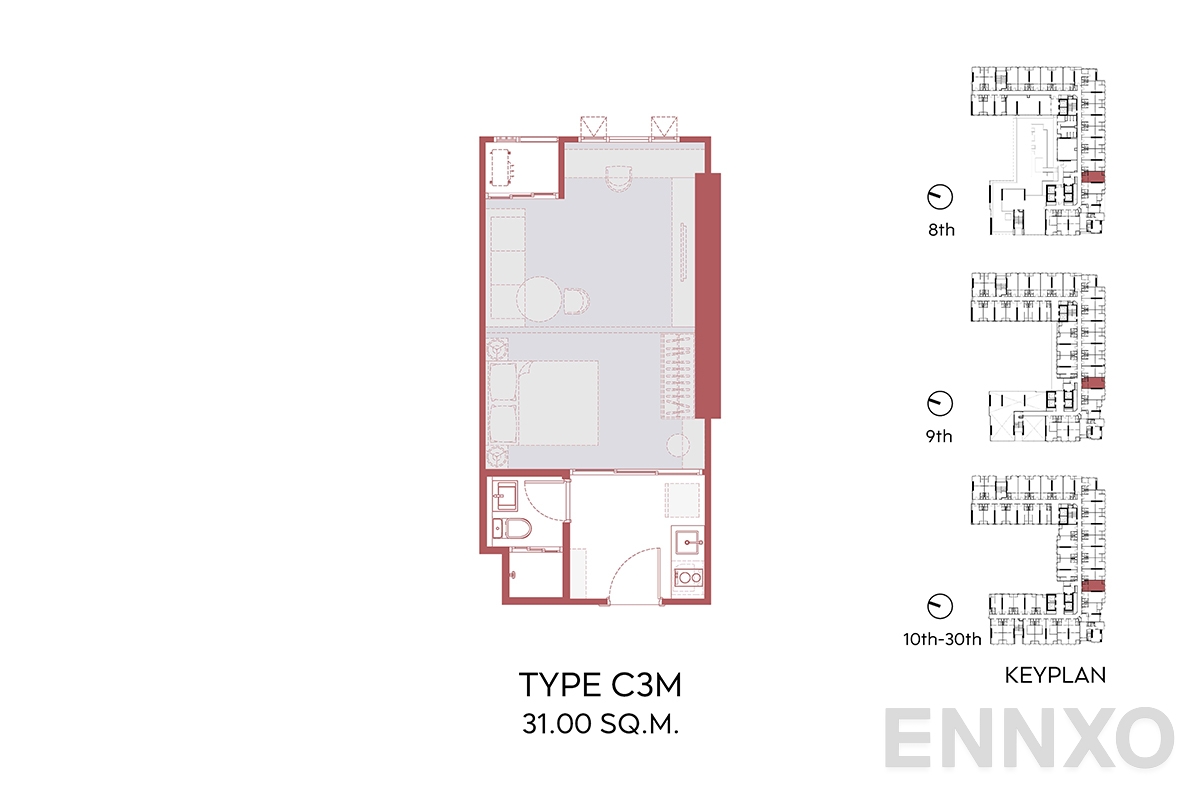 รูปแปลนห้อง C3M 31.00 SQ.M. ของโครงการ Aspire Sukhumvit - Rama 4
