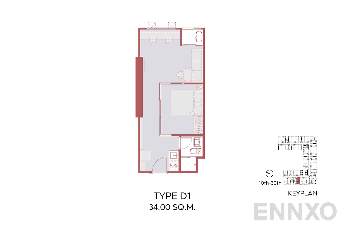 รูปแปลนห้อง D1 34.00 SQ.M.  ของโครงการ Aspire Sukhumvit - Rama 4