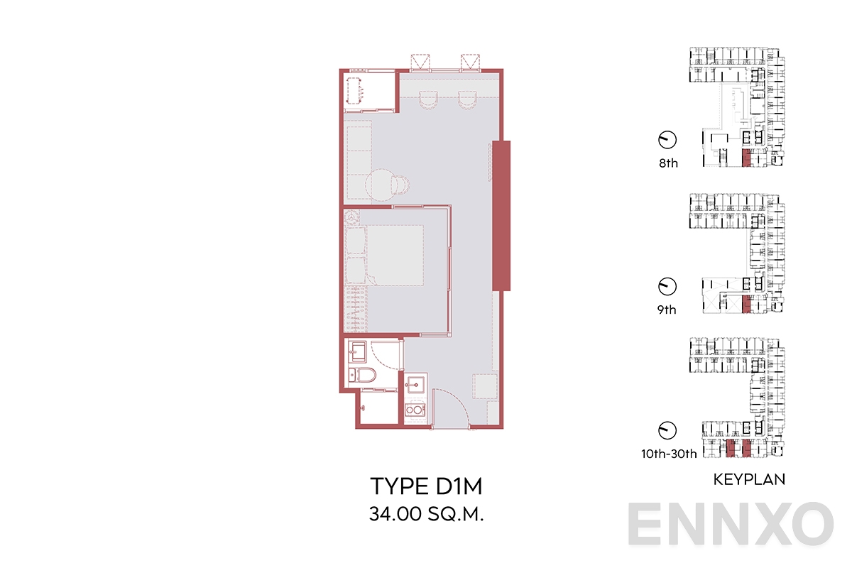 รูปแปลนห้อง D1M 34.00 SQ.M.  ของโครงการ Aspire Sukhumvit - Rama 4