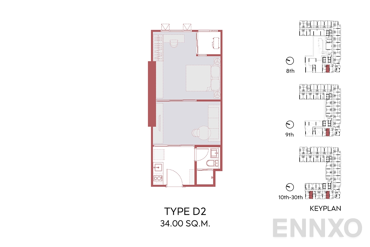 รูปแปลนห้อง D2 34.00 SQ.M.  ของโครงการ Aspire Sukhumvit - Rama 4