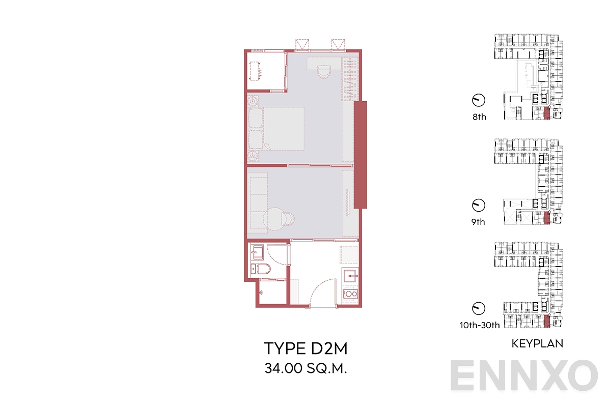 รูปแปลนห้อง D2M 34.00 SQ.M.  ของโครงการ Aspire Sukhumvit - Rama 4