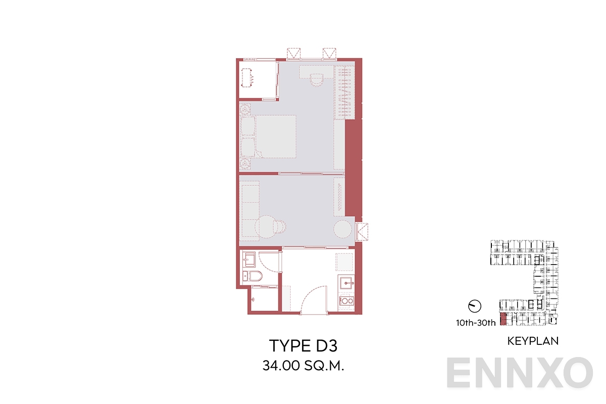 รูปแปลนห้อง D3 34.00 SQ.M.  ของโครงการ Aspire Sukhumvit - Rama 4