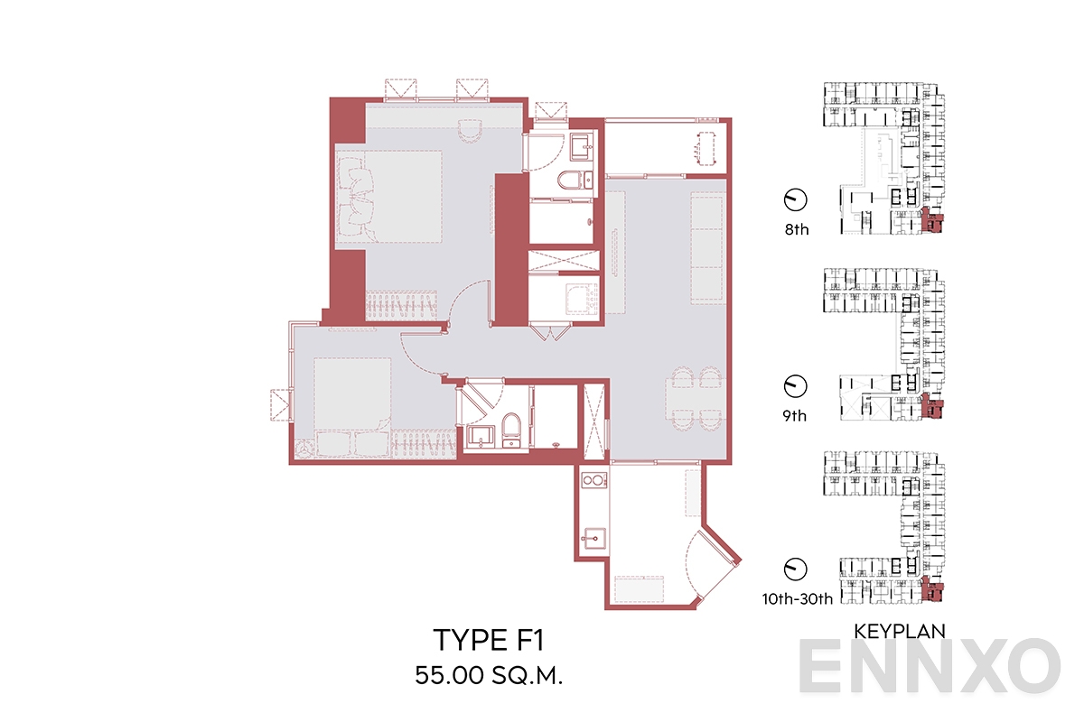 รูปแปลนห้อง F1 55.00 SQ.M.  ของโครงการ Aspire Sukhumvit - Rama 4