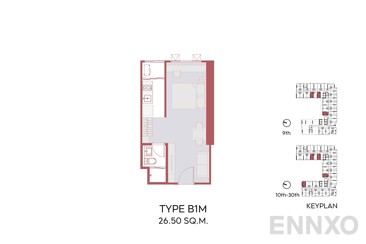 รูปแปลนห้อง B1M 26.50 SQ.M.  ของโครงการ Aspire Sukhumvit - Rama 4