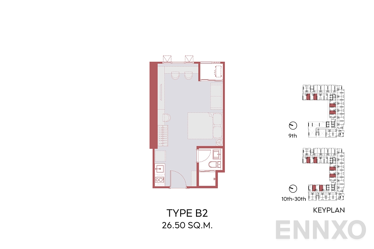 รูปแปลนห้อง B2 26.50 SQ.M.  ของโครงการ Aspire Sukhumvit - Rama 4