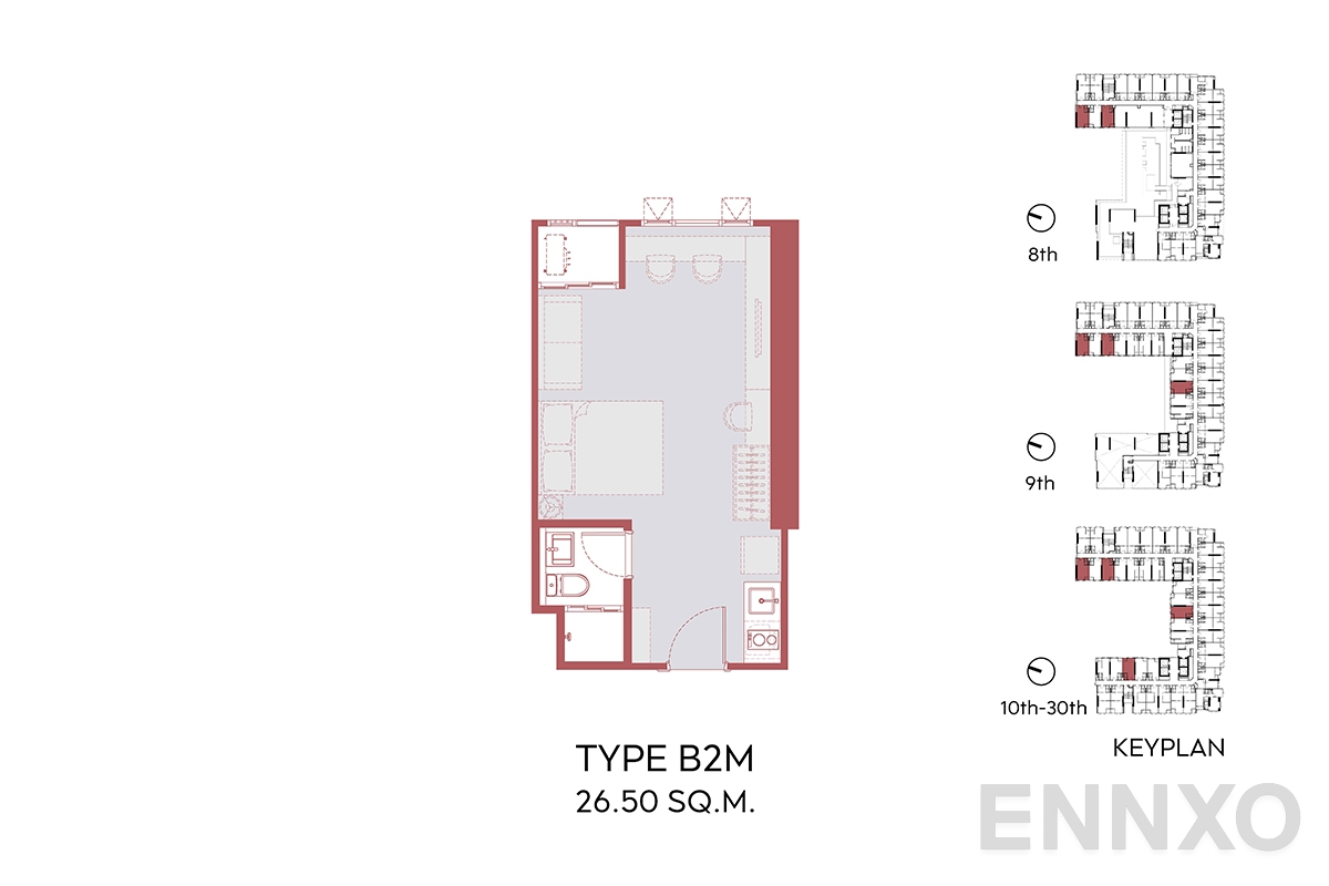 รูปแปลนห้อง B2M 26.50 SQ.M.  ของโครงการ Aspire Sukhumvit - Rama 4