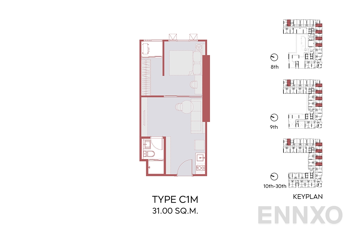 รูปแปลนห้อง C1M 31.00 SQ.M.  ของโครงการ Aspire Sukhumvit - Rama 4