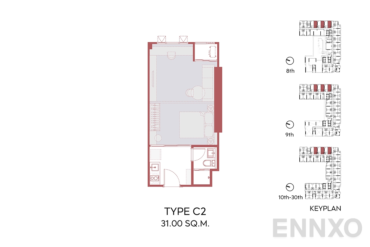 รูปแปลนห้อง C2 31.00 SQ.M.  ของโครงการ Aspire Sukhumvit - Rama 4