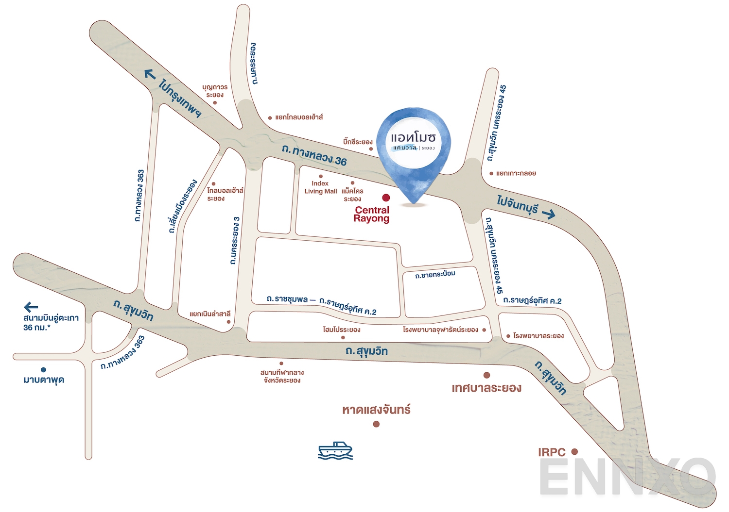 ภาพแผนที่แสดงที่ตั้งโครงการ Atmoz Canvas Rayong และสถานที่โดยรอบ