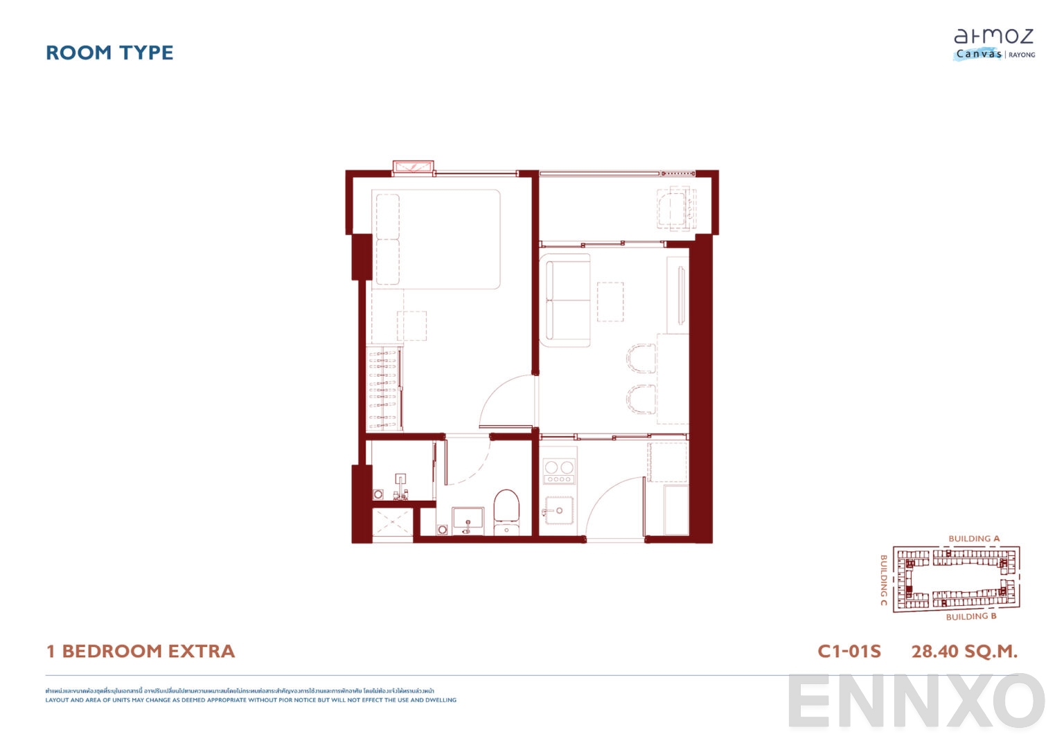 รูปแปลนห้อง 1 BEDROOM EXTRA - 28.4-29.3 SQ.M. ของโครงการ Atmoz Canvas Rayong