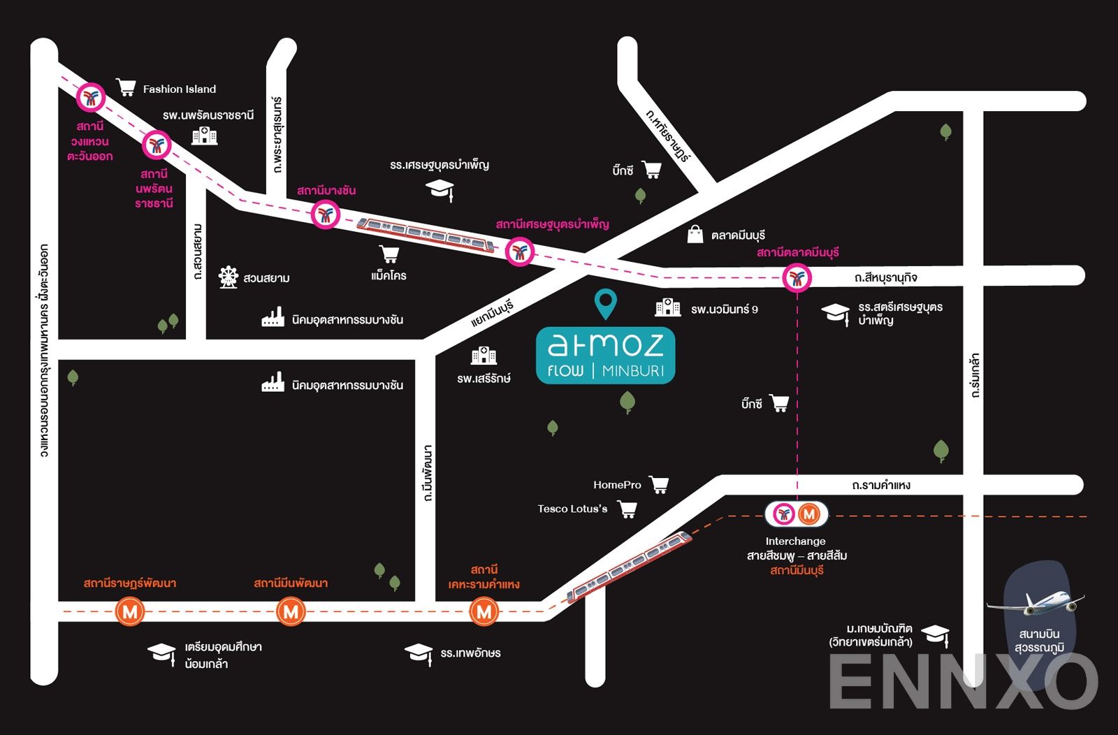 ภาพแผนที่แสดงที่ตั้งโครงการ Atmoz Flow Minburi และสถานที่โดยรอบ