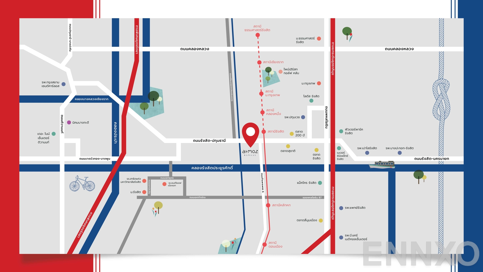 ภาพแผนที่แสดงที่ตั้งโครงการ Atmoz Kanaal Rangsit
(แอทโมซ คาแนล รังสิต) และสถานที่โดยรอบ
