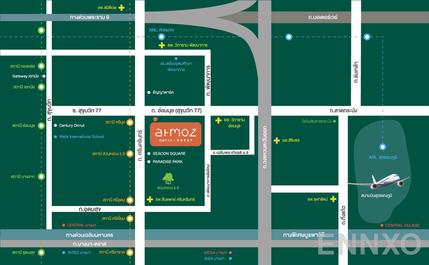 ภาพแผนที่แสดงที่ตั้งโครงการ แอทโมซ โอเอซิส อ่อนนุช และสถานที่โดยรอบ