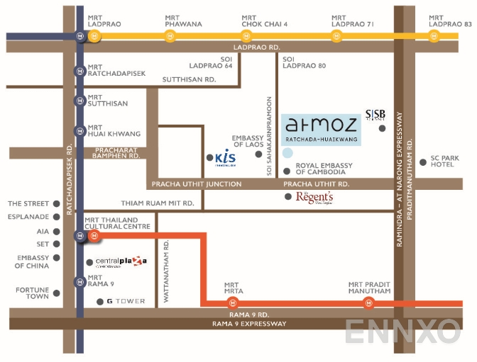 ภาพแผนที่แสดงที่ตั้งโครงการ Atmoz Ratchada - Huaikwang
(แอทโมซ รัชดา - ห้วยขวาง) และสถานที่โดยรอบ