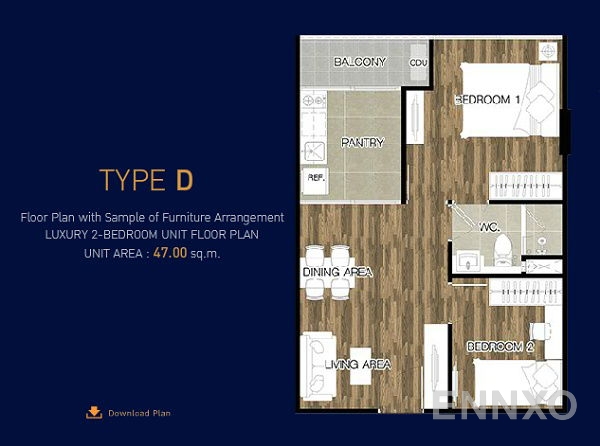 รูปแปลนห้อง 2 Bedrooms ของโครงการ แบงค์คอก เฟ'ลิซ สาทร-ตากสิน