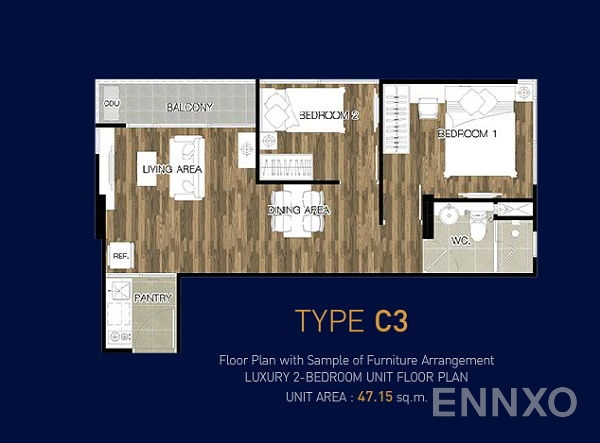 รูปแปลนห้อง 2 Bedroom ของโครงการ แบงค์คอก เฟ'ลิซ สาทร-ตากสิน
