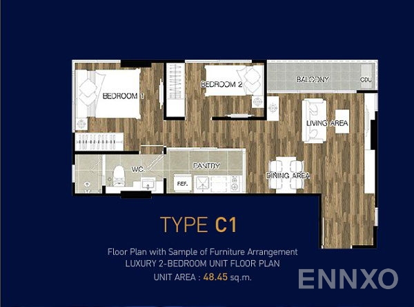 รูปแปลนห้อง 2 Bedroom ของโครงการ แบงค์คอก เฟ'ลิซ สาทร-ตากสิน