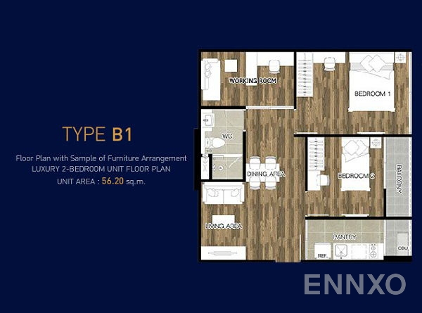 รูปแปลนห้อง 2 Bedroom ของโครงการ แบงค์คอก เฟ'ลิซ สาทร-ตากสิน