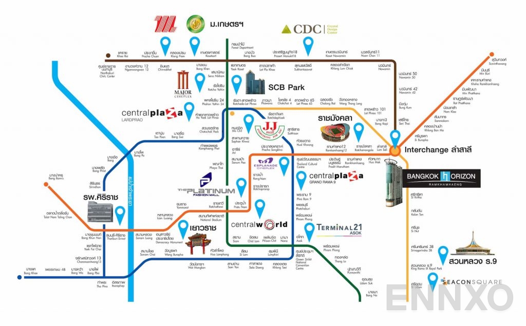 ภาพแผนที่แสดงที่ตั้งโครงการ Bangkok Horizon Ramkhamhaeng
(แบงค์คอก ฮอไรซอน รามคำแหง) และสถานที่โดยรอบ