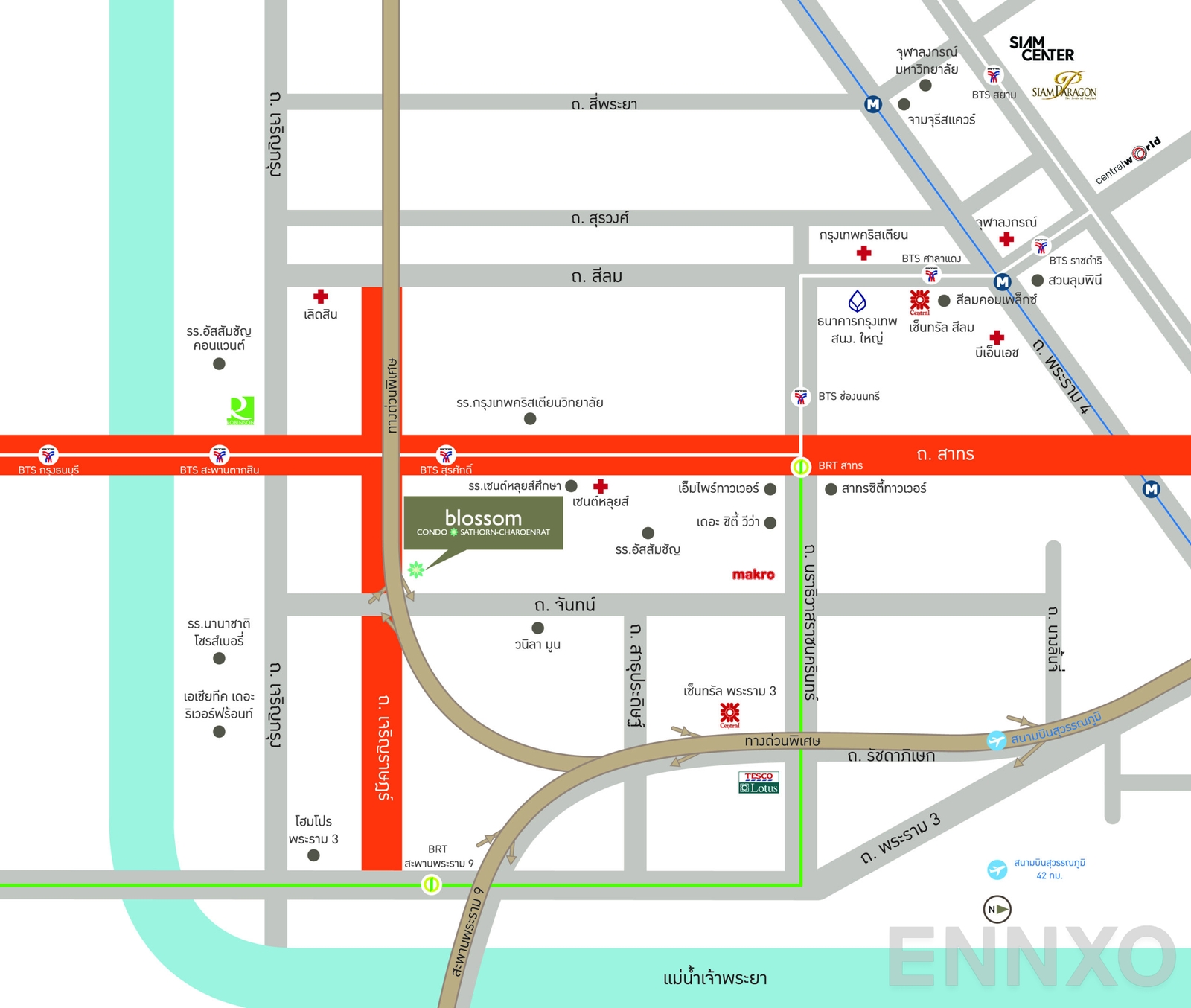 ภาพแผนที่แสดงที่ตั้งโครงการ Blossom Condo @ Sathorn - Charoenrat และสถานที่โดยรอบ