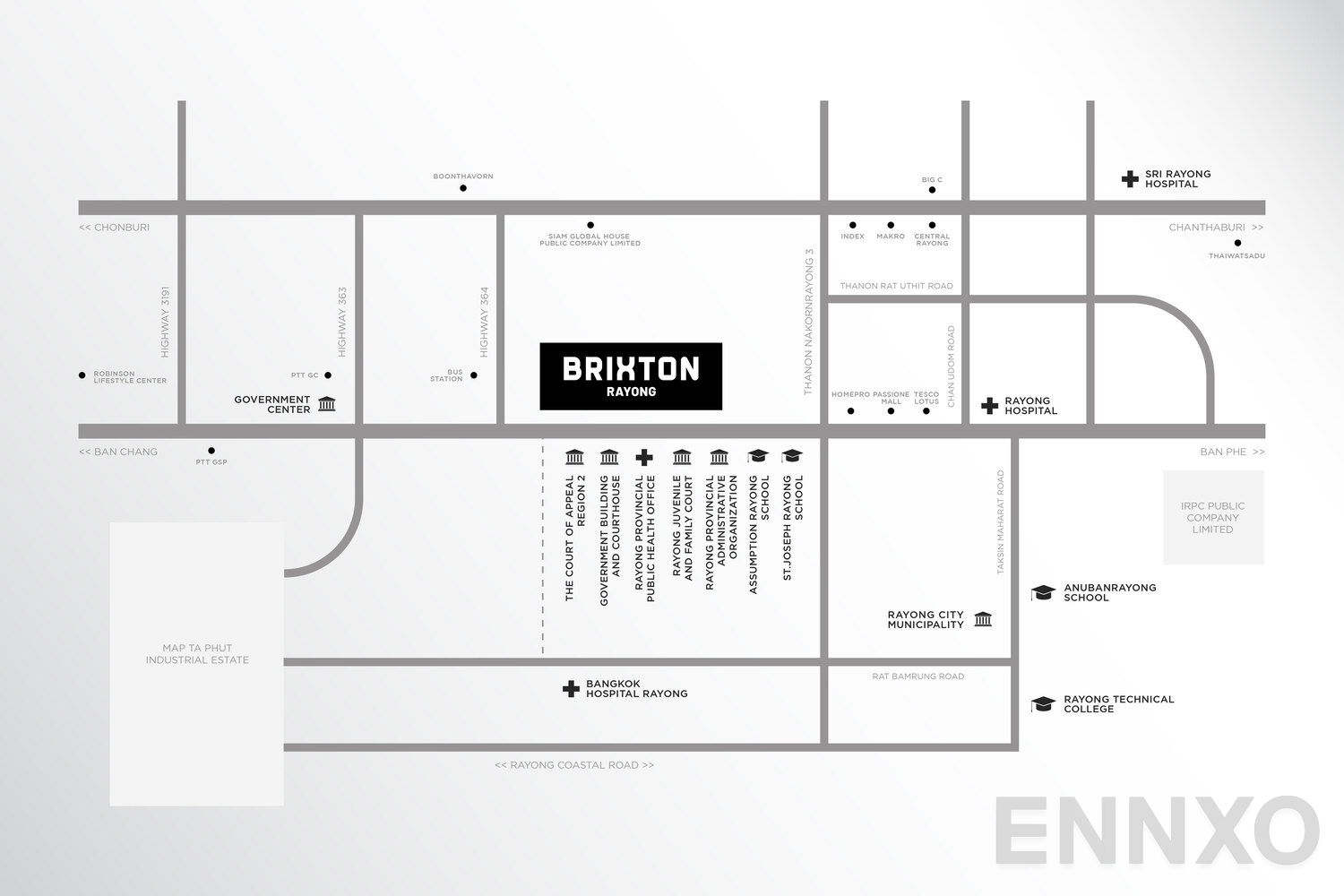 ภาพแผนที่แสดงที่ตั้งโครงการ BRIXTON RAYONG
(บริกซ์ตัน ระยอง) และสถานที่โดยรอบ