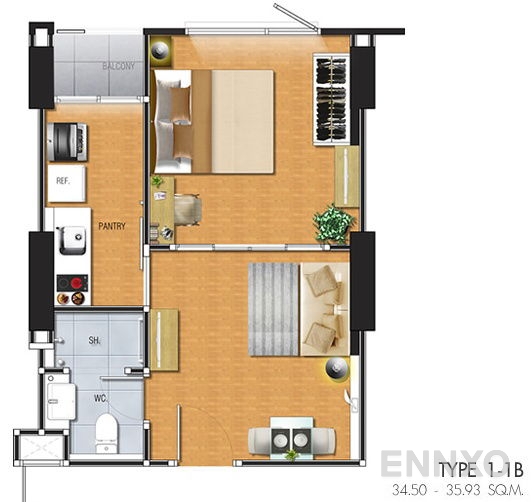 รูปแปลนห้อง 1 Bedroom  ของโครงการ คาซ่า คอนโด รัชดา-ราชพฤกษ์