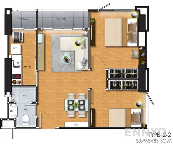 รูปแปลนห้อง 2 Bedroom ของโครงการ คาซ่า คอนโด รัชดา-ราชพฤกษ์