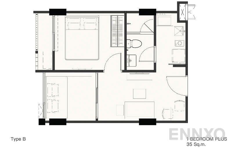 รูปแปลนห้อง 1 Bedroom Plus ของโครงการ แชมเบอร์ส อ่อนนุช สเตชั่น
