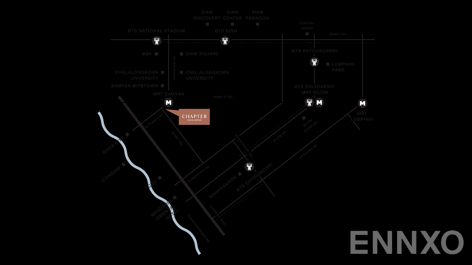 ภาพแผนที่แสดงที่ตั้งโครงการ Chapter Chula-Samyan
(แชปเตอร์ จุฬา-สามย่าน) และสถานที่โดยรอบ