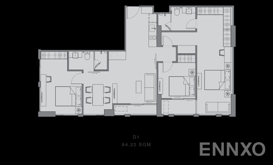 รูปแปลนห้อง 3 BEDROOM D1 ของโครงการ แชปเตอร์ จุฬา-สามย่าน