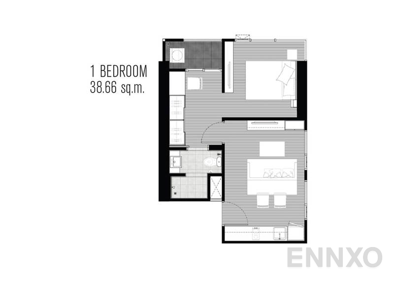 รูปแปลนห้อง 1 Bedroom  ของโครงการ แชปเตอร์วัน มิดทาวน์ ลาดพร้าว 24