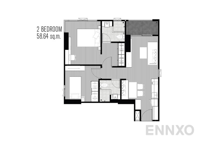 รูปแปลนห้อง 2 Bedroom ของโครงการ แชปเตอร์วัน มิดทาวน์ ลาดพร้าว 24