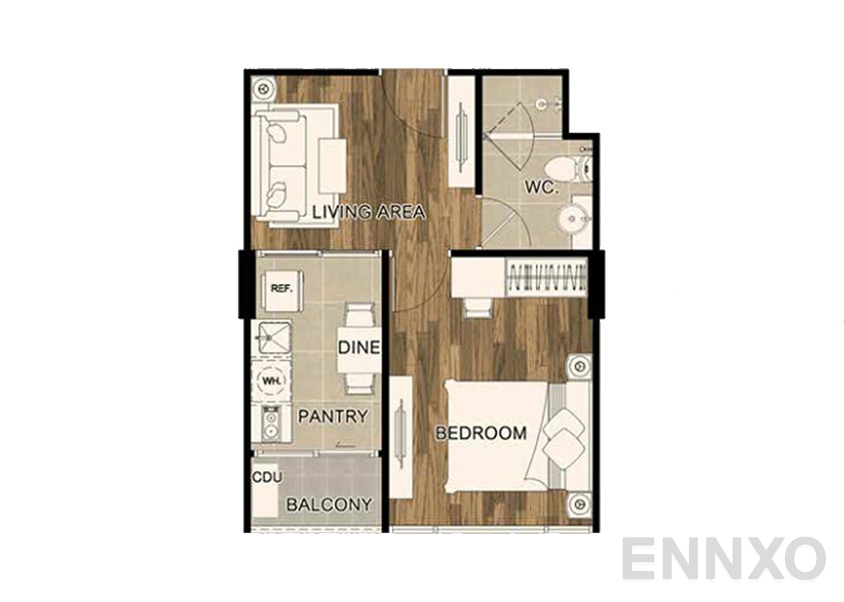 รูปแปลนห้อง 1 Bedroom ของโครงการ Chateau In Town Ratchada 19