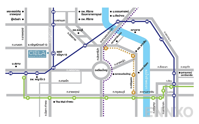 ภาพแผนที่แสดงที่ตั้งโครงการ Ciela Charan 13 Station
(เซียล่า จรัญฯ 13 สเตชั่น) และสถานที่โดยรอบ