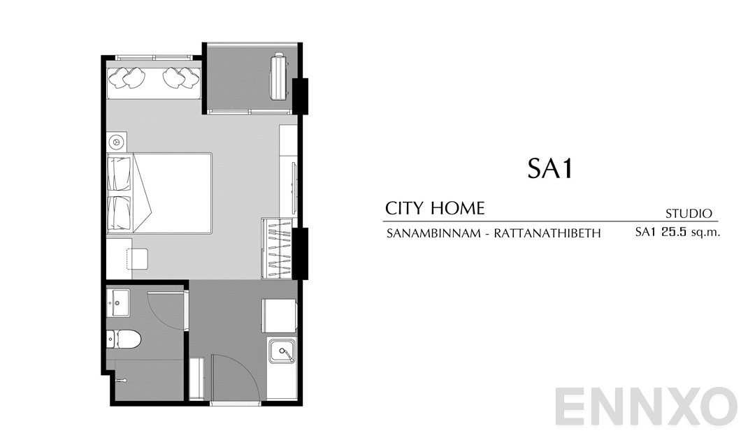 รูปแปลนห้อง Studio SA1 (25.5 ตร.ม.) ของโครงการ ซิตี้ โฮม รัตนาธิเบศร์