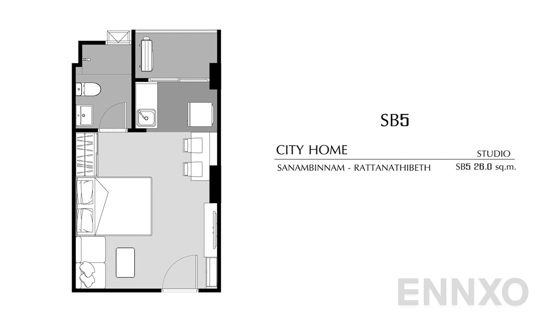 รูปแปลนห้อง Studio SB5 (26 ตร.ม.) ของโครงการ ซิตี้ โฮม รัตนาธิเบศร์