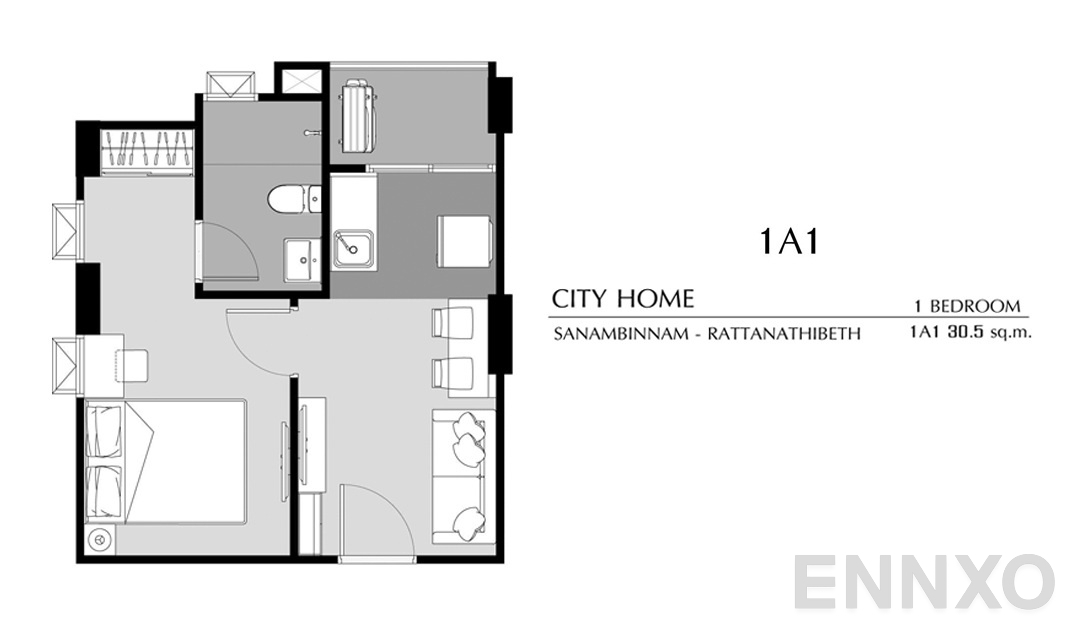 รูปแปลนห้อง 1 Bedroom 1A1 (30.5 ตร.ม.) ของโครงการ ซิตี้ โฮม รัตนาธิเบศร์