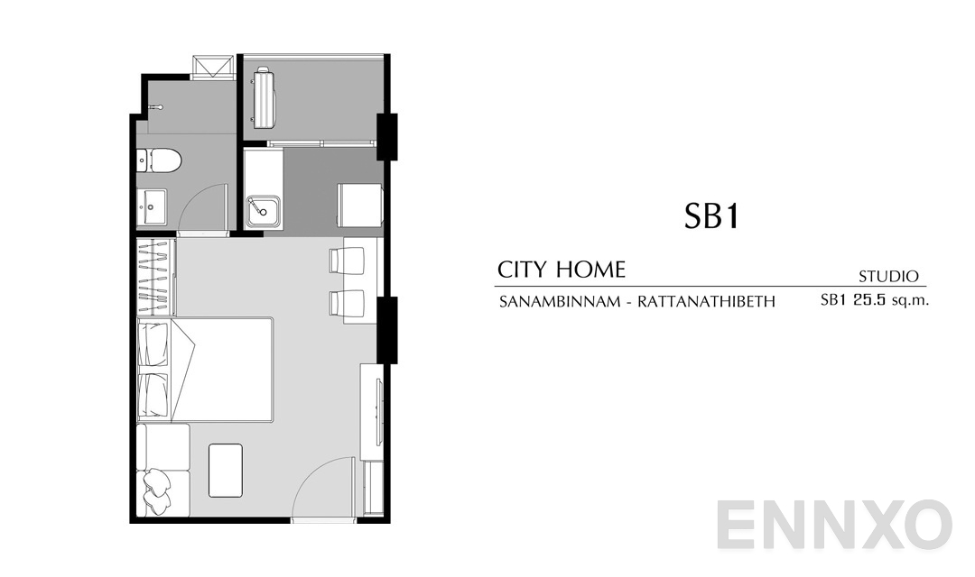 รูปแปลนห้อง Studio SB1 (25.5 ตร.ม.) ของโครงการ ซิตี้ โฮม รัตนาธิเบศร์
