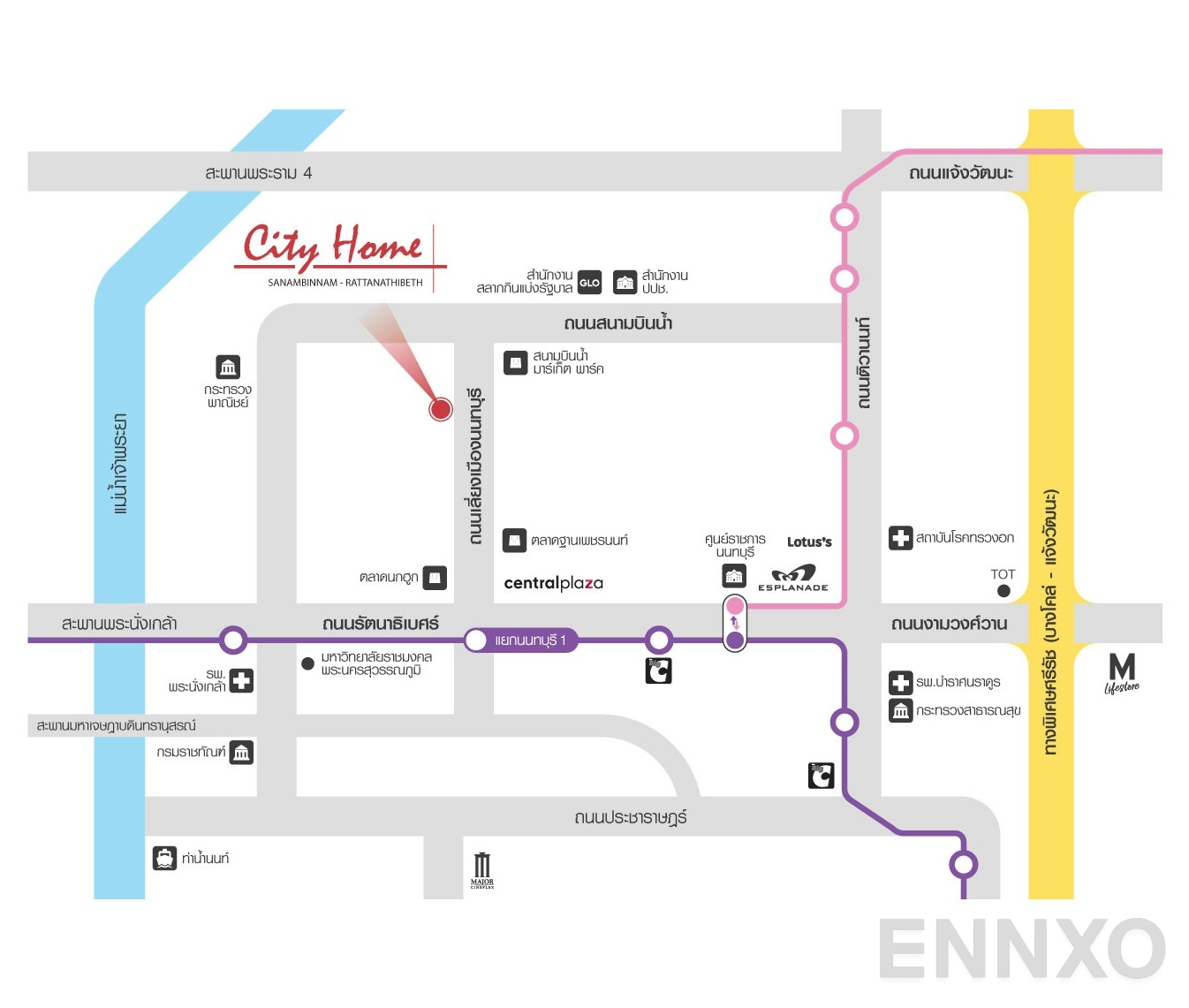 ภาพแผนที่แสดงที่ตั้งโครงการ City Home Sanambinnam-Rattanathibet
(ซิตี้โฮม สนามบินน้ำ-รัตนาธิเบศร์) และสถานที่โดยรอบ