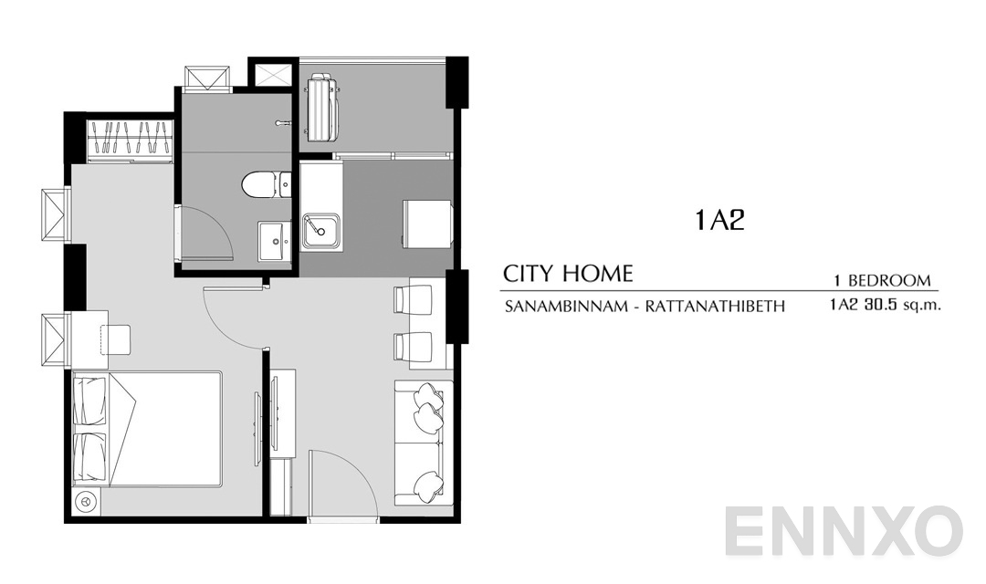 รูปแปลนห้อง 1 Bedroom 1A2 (30.5 ตร.ม.) ของโครงการ ซิตี้โฮม สนามบินน้ำ-รัตนาธิเบศร์