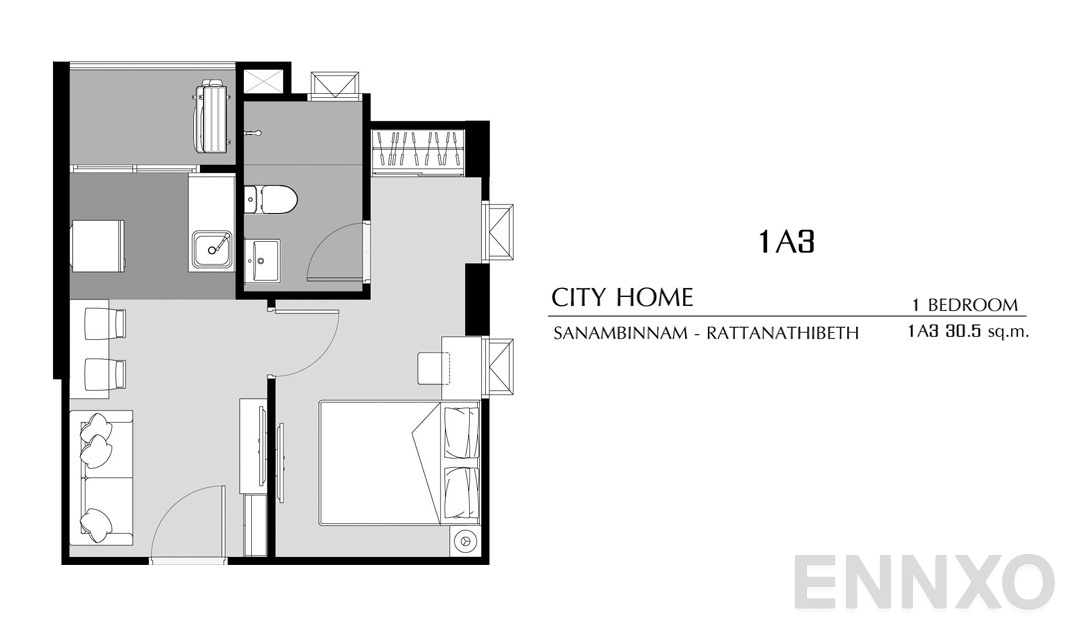 รูปแปลนห้อง 1 Bedroom 1A3 (30.5 ตร.ม.) ของโครงการ ซิตี้โฮม สนามบินน้ำ-รัตนาธิเบศร์