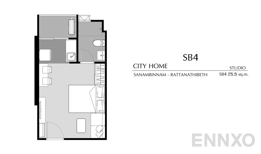 รูปแปลนห้อง Studio SB4 (25.5 ตร.ม.) ของโครงการ ซิตี้โฮม สนามบินน้ำ-รัตนาธิเบศร์