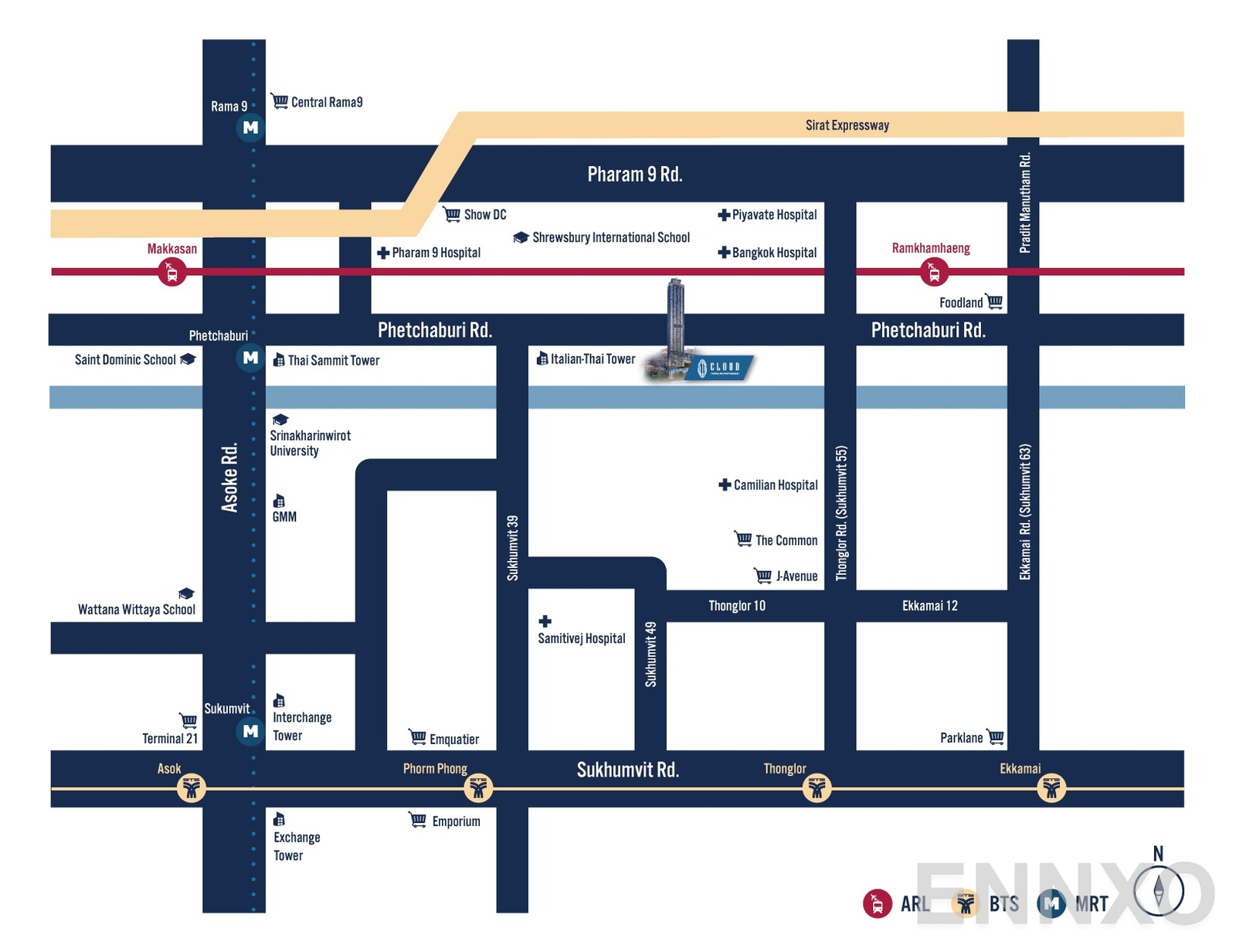 ภาพแผนที่แสดงที่ตั้งโครงการ CLOUD Thonglor-Phetchaburi
(คลาวด์ ทองหล่อ – เพชรบุรี) และสถานที่โดยรอบ