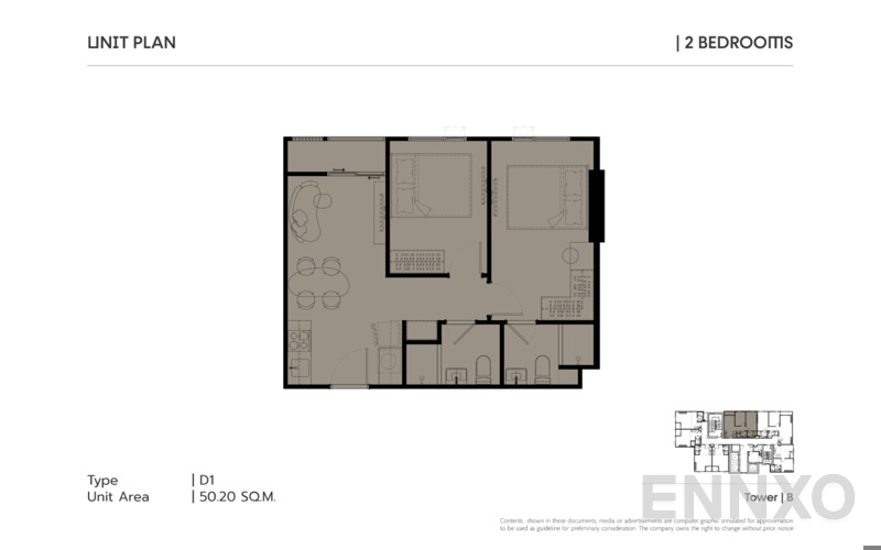 รูปแปลนห้อง 2 Bed 50-71 SQ.M. ของโครงการ โค้บบ์ รัชดา - พระราม 9