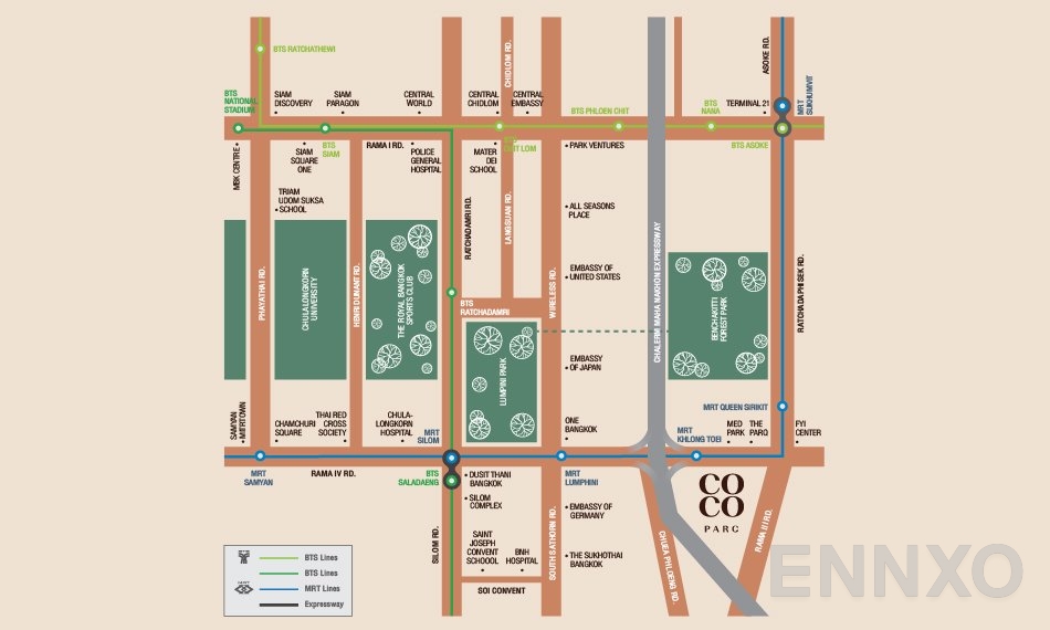 ภาพแผนที่แสดงที่ตั้งโครงการ COCO PARC Rama 4
(โคโค่ พาร์ค พระราม 4) และสถานที่โดยรอบ