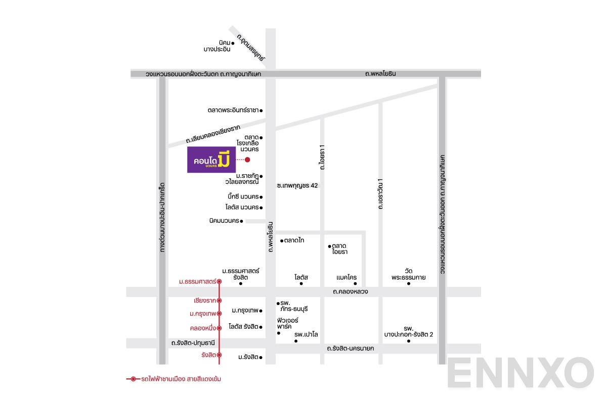 ภาพแผนที่แสดงที่ตั้งโครงการ Condo ME Navanakorn
(คอนโด มี นวนคร) และสถานที่โดยรอบ