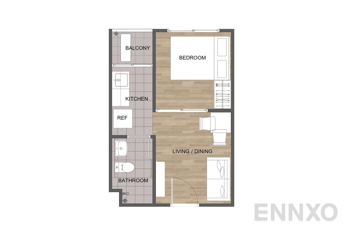 รูปแปลนห้อง 1 Bedroom ของโครงการ Condo Me Onnut - Rama 9