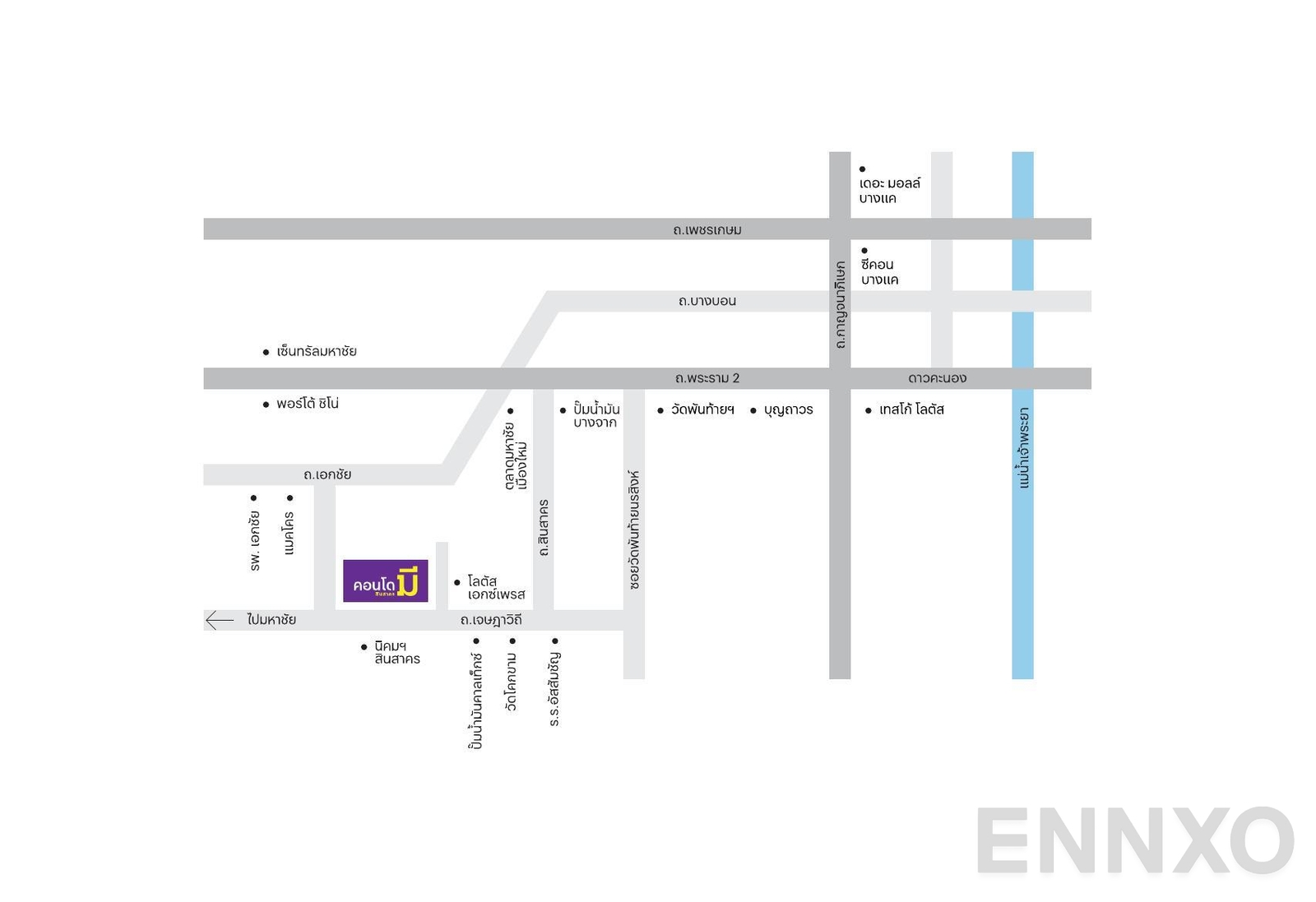 ภาพแผนที่แสดงที่ตั้งโครงการ Condo Me Sinsakhon
(คอนโด มี สินสาคร) และสถานที่โดยรอบ