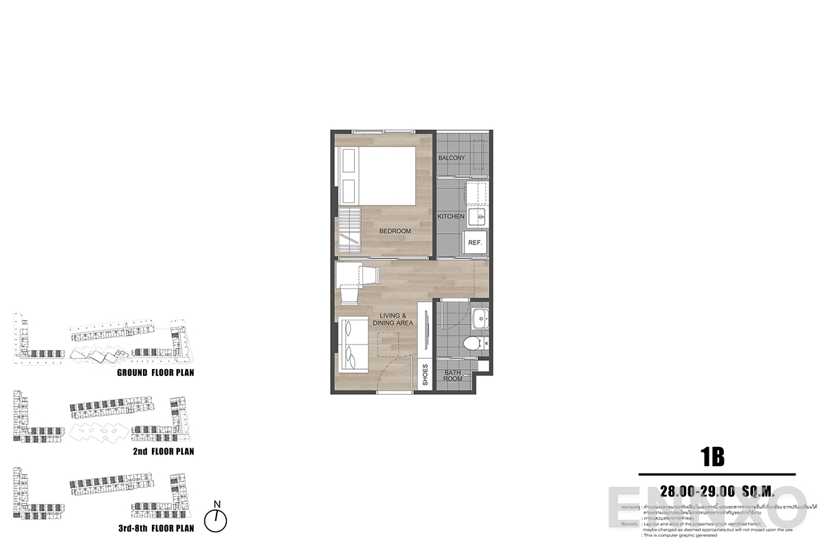 รูปแปลนห้อง 1B ของโครงการ ดีคอนโด รีฟ ภูเก็ต